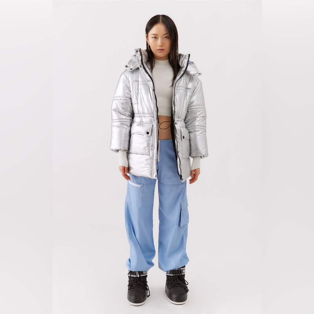 Metallic Silver Women's Full Length Puffer Jacket